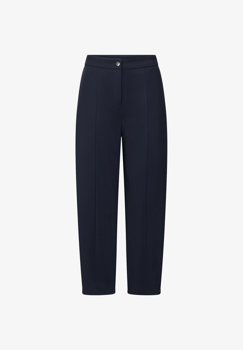 Navy blue tailored trousers with front crease, buttoned waistband, and ankle-length cut, displayed on a white background.