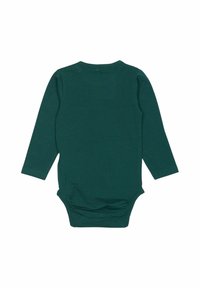 Lange mouwen baby romper in donkergroen, gemaakt van zachte, rekbare stof. Kenmerken zijn een ronde halslijn en drukknopen aan de onderkant.
