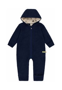 Marineblauer Fleece-Einteiliger Anzug mit Kapuze, Frontreißverschluss, langen Ärmeln und einem weichen, gemusterten Innenfutter. Besitzt ein kleines Etikett an der Seite.