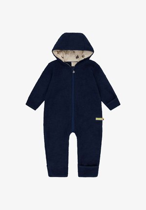 Marineblauer Fleece-Einteiliger Anzug mit Kapuze, Frontreißverschluss, langen Ärmeln und einem weichen, gemusterten Innenfutter. Besitzt ein kleines Etikett an der Seite.