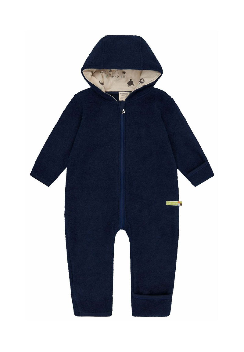 Marineblauer Fleece-Einteiliger Anzug mit Kapuze, Frontreißverschluss, langen Ärmeln und einem weichen, gemusterten Innenfutter. Besitzt ein kleines Etikett an der Seite.