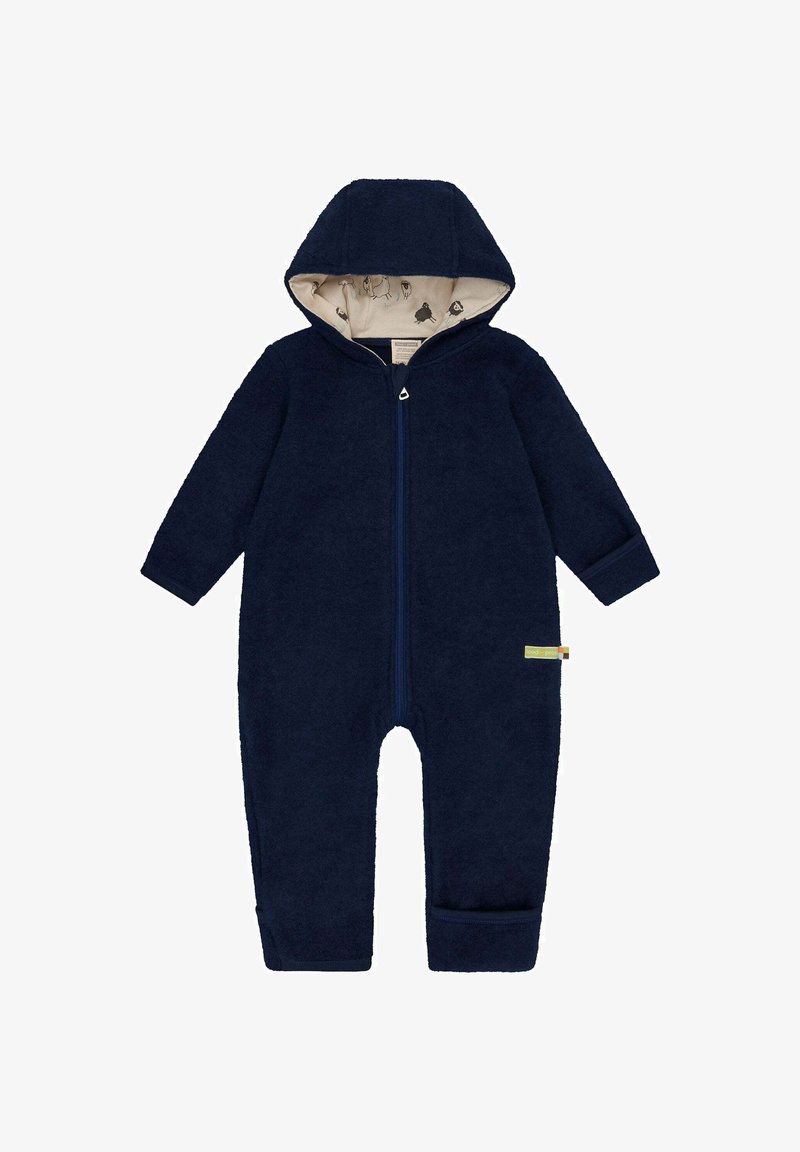 Marineblauwe fleece jumpsuit met capuchon, rits aan de voorkant, lange mouwen en een zachte, gemusterde voering. Heeft een klein label aan de zijkant.