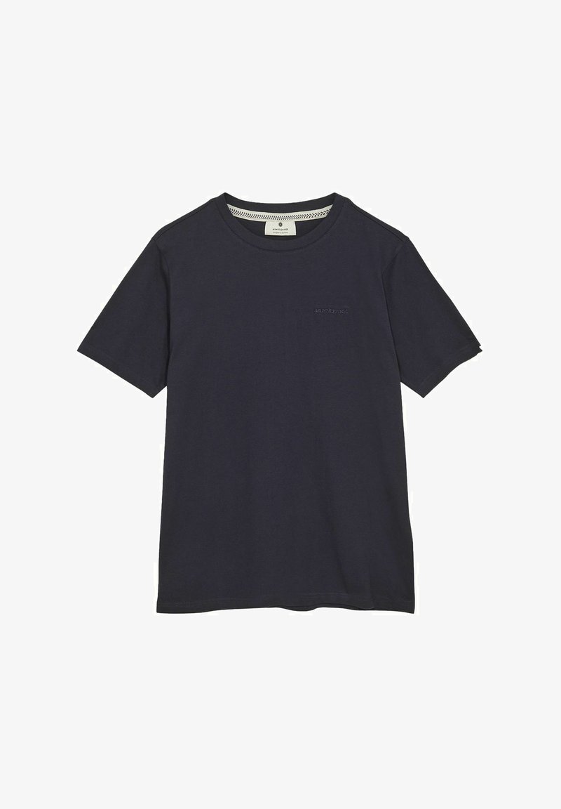 Sötétkék pamut póló kerek nyakkivágással és rövid ujjal. Diszkrét logóval a mellkasán és puha tapintással rendelkezik.