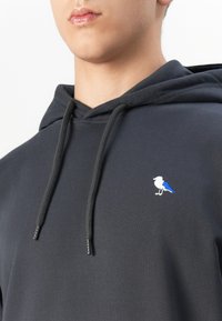 Close-up of person wearing dark gray hoodie with black drawstrings and a small white and blue bird logo on the chest.