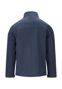 Marinblå vattentät jacka med ståkrage, långa ärmar och en slät yta. Har diskreta sömdetaljer och en minimalistisk design.