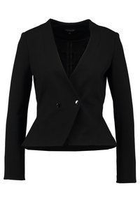 Svart figursydd kavaj för kvinnor med långa ärmar, djup V-ringning, dubbel knappstängning och något utställd nederkant.