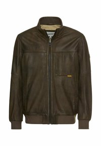 Brun læderjakke med lynlås foran, høj krave, to forlommer og ribbede manchetter. Har prægede detaljer med "Explorers Since 1977".