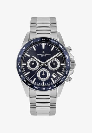 Sidabrinis nerūdijančio plieno laikrodis su chronografu, tamsiai mėlynas ciferblatas, trys subciferblatai, sidabrinės valandų žymės ir tachimetrinė skalė ant rėmelio.