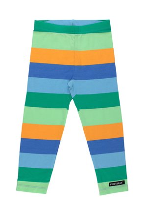 Leggings infantiles con rayas horizontales en verde, azul, azul claro, naranja y verde claro, con una etiqueta de la marca Villervalla cerca del tobillo.