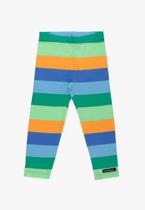 Kinderleggings mit horizontalen Streifen in Grün, Blau, Hellblau, Orange und Hellgrün, mit Villervalla-Markenlabel nahe dem Knöchel.