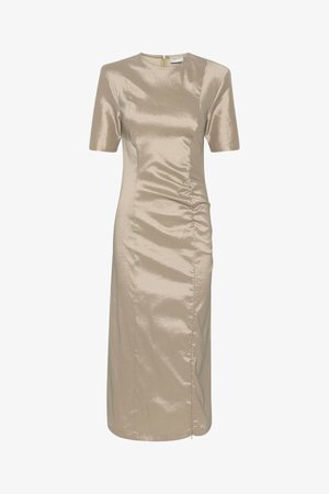 Midi sukienka w jasnym beżu z satyny, z krótkimi rękawami, marszczeniem po bokach i ukrytym zapięciem na suwak z tyłu.