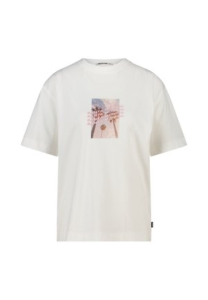 White short-sleeve t-shirt with a central print of palm trees and sky, overlaid with repeated pink text "SANTA MONICA."