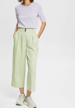 Maglione corto a maniche corte lilla abbinato a pantaloni ampi verde chiaro con tasche laterali e due bottoni marroni. Indossato con sneakers grigie.
