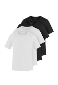 Set aus vier T-Shirts in Schwarz und Weiß. Kurze Ärmel, runder Hals, aus Baumwollstoff gefertigt. Hat ein schlichtes Design ohne Muster oder Akzente.