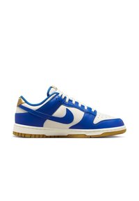 Nike Dunk Low sneakers with a blue leather upper, white leather panels, and gold accents. Features a rubber sole and perforated toe.