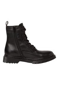 Bottine en cuir noir avec lacets et fermeture éclair sur le côté. Présente une semelle épaisse et des accents texturés le long de la tige et des coutures.
