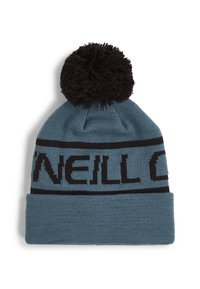 Berretto lavorato a maglia di colore blu con fascia nera e logo. Presenta un grande pompon nero in cima. Design a risvolto per un calore e uno stile aggiunti.
