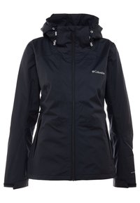 Zwarte waterdichte jas met een ritssluiting, verstelbare capuchon en elastische manchetten; heeft het Columbia-logo aan de linkerkant.