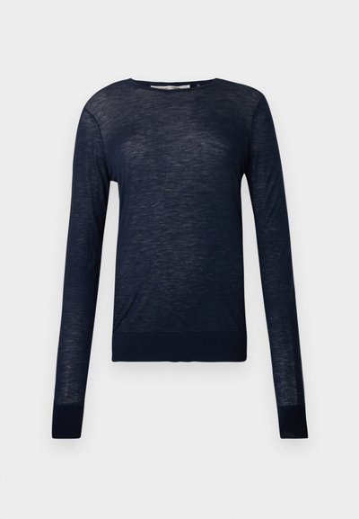 Tumesinine pikkade varrukatega kampsun, mis on valmistatud kerge ja tekstuurse kangast, millel on ümar kaelus ja istuvad mansetid, ning õrn, hingav disain.