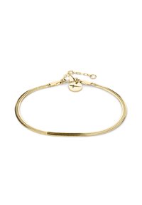 Bracciale in tono oro con design in rete flessibile, caratterizzato da un piccolo charm circolare e chiusura a catena regolabile per una vestibilità variabile.
