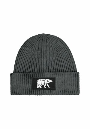 Dark gray ribbed knit beanie with a folded cuff featuring a black patch and a white geometric bear design.