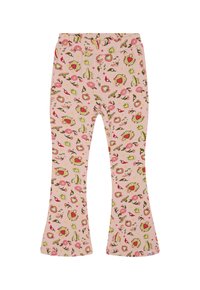 Ausgestellte Leggings aus einem weichen, pinken Stoff mit einem gesamten floralen und herzförmigen Muster in Gelb, Grün, Rot und Braun. Super elastisches Material.