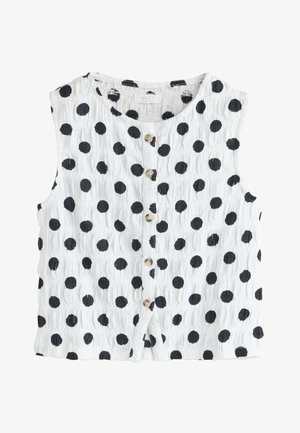 Ärmellose weiße Bluse mit schwarzen Polka-Punkten, strukturierter Stoff, rundem Ausschnitt und vorderer Knopfleiste.