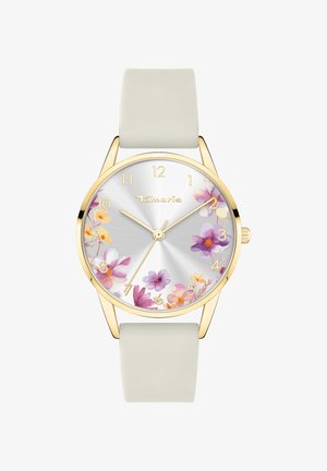 Montre analogique ronde avec un cadran argenté en dégradé de soleil ornée d'accents floraux en rose et jaune, boîtier doré et bracelet en silicone gris clair.
