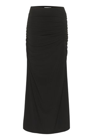 Juodas midi sijonas, pagamintas iš tamprios medžiagos, su surinkto audinio detalėmis šone ir sklandžiu, elegantišku kritimu.