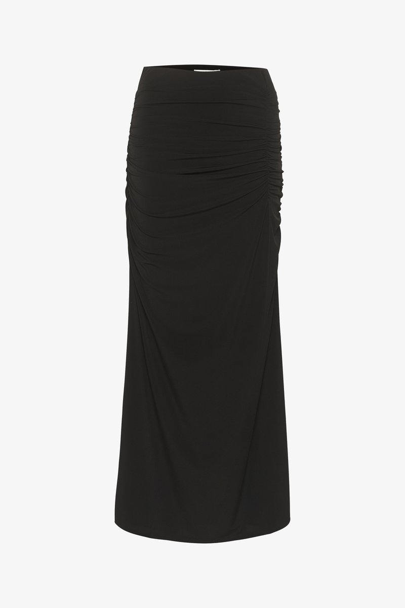 Schwarzer Midirock aus dehnbarem Stoff, mit gerafften Stoffdetails an der Seite und einem sanften, eleganten Fall.