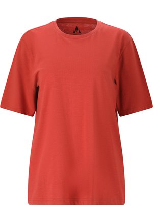 Rød kortærmet T-shirt med rund halsudskæring, lavet af blødt stof, med en afslappet pasform og minimalistisk design.
