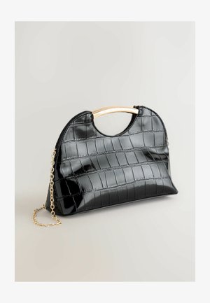 Mustast krokodillimustriga käekott kõverate joontega, millel on kuldse tooniga sang ja kettidega rihm. Läikiva tekstuuriga ja tõmblukuga kinnine.