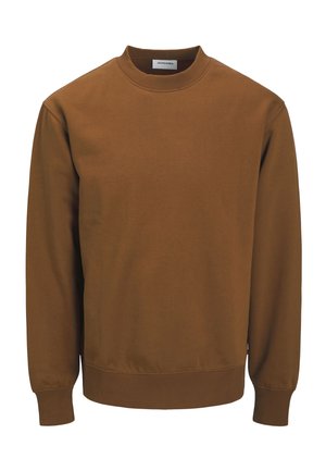 Sweat-shirt marron en coton, avec un col rond, des manches longues et des poignets et un ourlet côtelés pour une coupe ajustée.