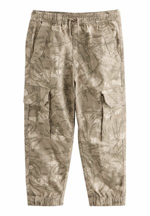 Cargo-Hosen in hellbeige mit einem strukturierten, abstrakten Muster. Verfügen über einen elastischen Bund, einen Kordelzug und mehrere Taschen.