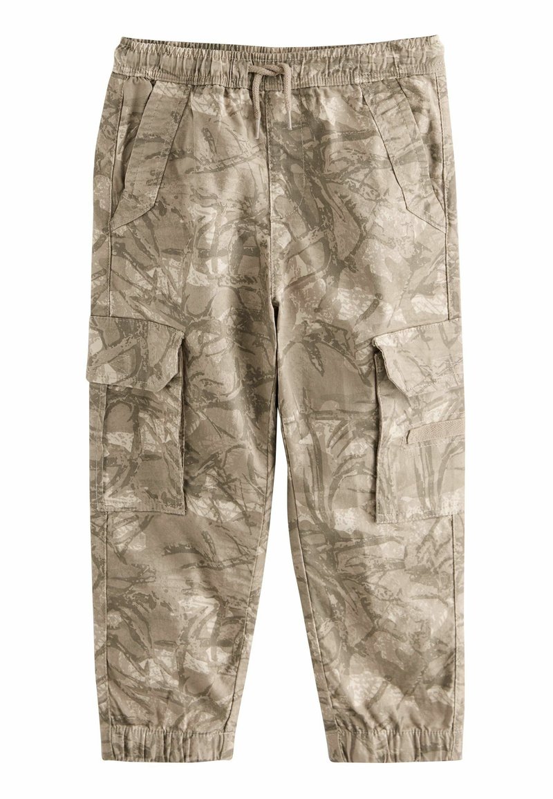 Pantaloni cargo in beige chiaro con una trama astratta e testurizzata. Presentano una vita elastica, un cordoncino e diverse tasche.