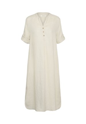 Hellbeiges knielanges Leinenkleid mit aufgerollten kurzen Ärmeln, V-Ausschnitt und drei Knöpfen an der vorderen Knopfleiste.