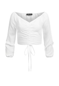 Bílý zkrácený top s výstřihem do V, nařaseným předním dílem a dlouhými, nabíranými rukávy. Obsahuje vázací detail na lemu. Vyrobeno z texturované tkaniny.