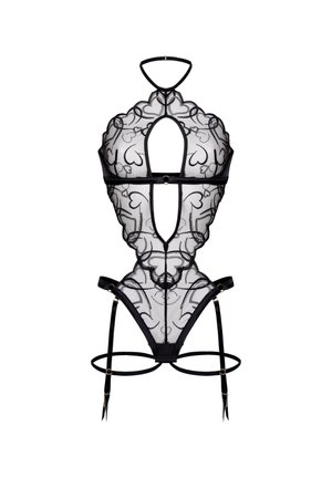 Zwarte doorschijnende kanten teddy met hartpatronen, uitsparingen met sleutelgatvorm, halternek en verstelbare jarretelbandjes.