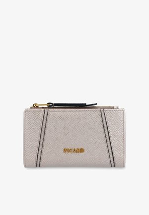 Silver textured leather wallet with gold zipper and black pull tab, detailed stitching, and gold "PICARD" logo on front.