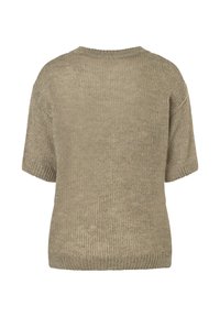 Beige Strickpullover mit kurzen Ärmeln und geripptem Rundhalsausschnitt, Saum und Bündchen, von hinten vor einem weißen Hintergrund abgebildet.