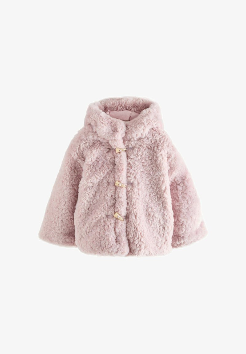 Faux fur coat in light pink with a hood, featuring three toggle fastenings and a textured, fluffy exterior for warmth.