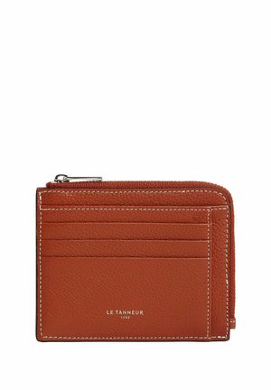Brown leather wallet with multiple card slots, a zippered compartment, and contrasting white stitching. Features embossed brand logo on the front.