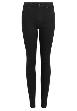 Jeans skinny neri in denim, con un classico design a cinque tasche, chiusura con bottone e una texture liscia e uniforme.