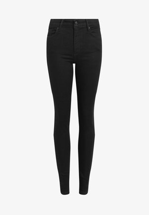 Sorte skinny jeans lavet af denim, med klassisk fem-lomme design, knaplukning og en glat, jævn overflade.