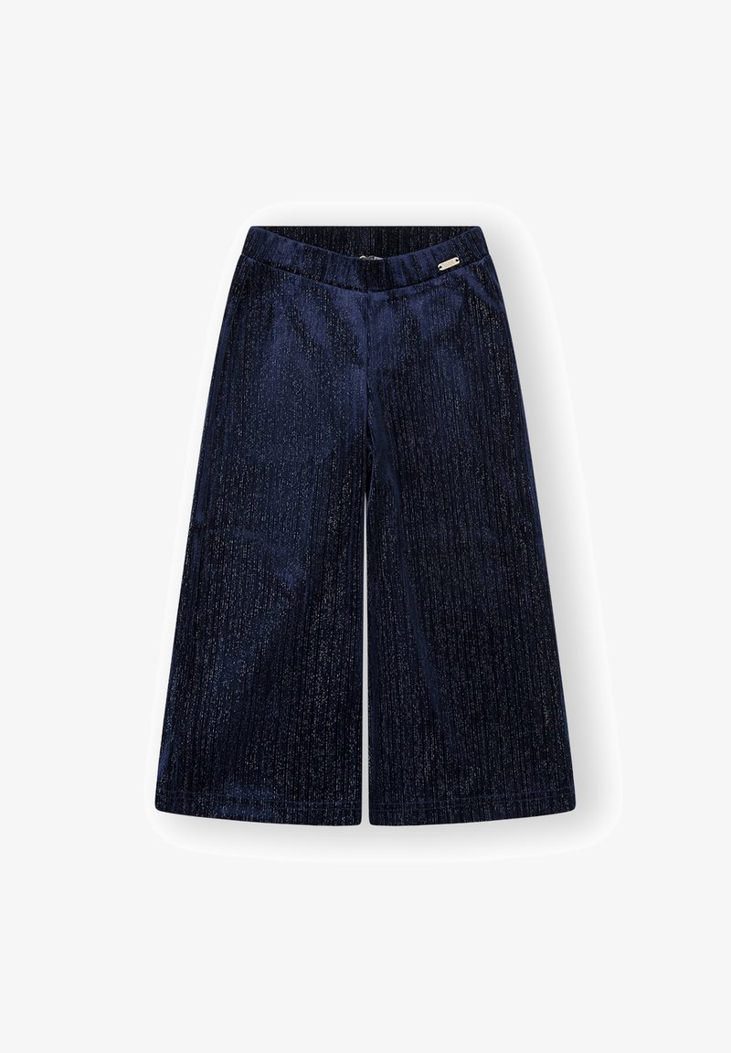 Pantalones de pierna Ancha de color azul marino con un acabado texturizado, que presentan rayas verticales y una cinturilla elástica. Se puede ver una pequeña etiqueta de metal en la cintura.