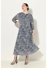 Kukallinen pitkähihaisia mekko läpinäkyvästä kankaasta, jossa on napitettävä etuosa, hieman A-linja, sekä sinisen ja harmaan sävyjen sekoitus.