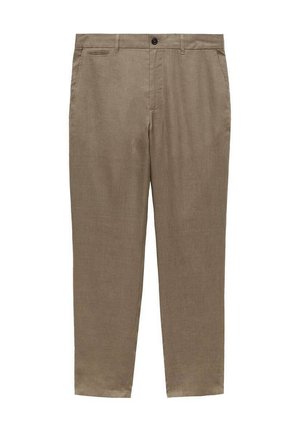 Lichtbruine linnen broek met een rechtlopende snit, voorzien van een knoopsluiting aan de voorkant en zijzakken; gladde textuur met minimale details.