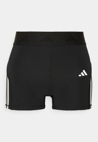 Pantaloni sportivi neri con una larga cintura elastica e logo in rilievo, strisce bianche sui lati e un design aderente con bordi senza cuciture.