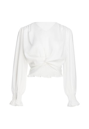 Blusa bianca a maniche lunghe con scollo a V, dettaglio arricciato e attorcigliato sul davanti, polsini elastici e orlo arricciato in vita.