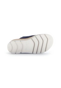 Dark blue sandal with a rubber sole, featuring a textured white bottom and a textured rim. The sole has a wavy design and a subtle brand logo.
